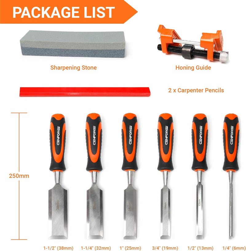 CENFORGE 10-PC Wood Chisel Set, 6 Wood Chisels with 1 Honing Guide, 1 Sharpening Stone and 2 Carpenter Pencils, Wood Chisels for Woodworking, formones para carpintería - Image 2
